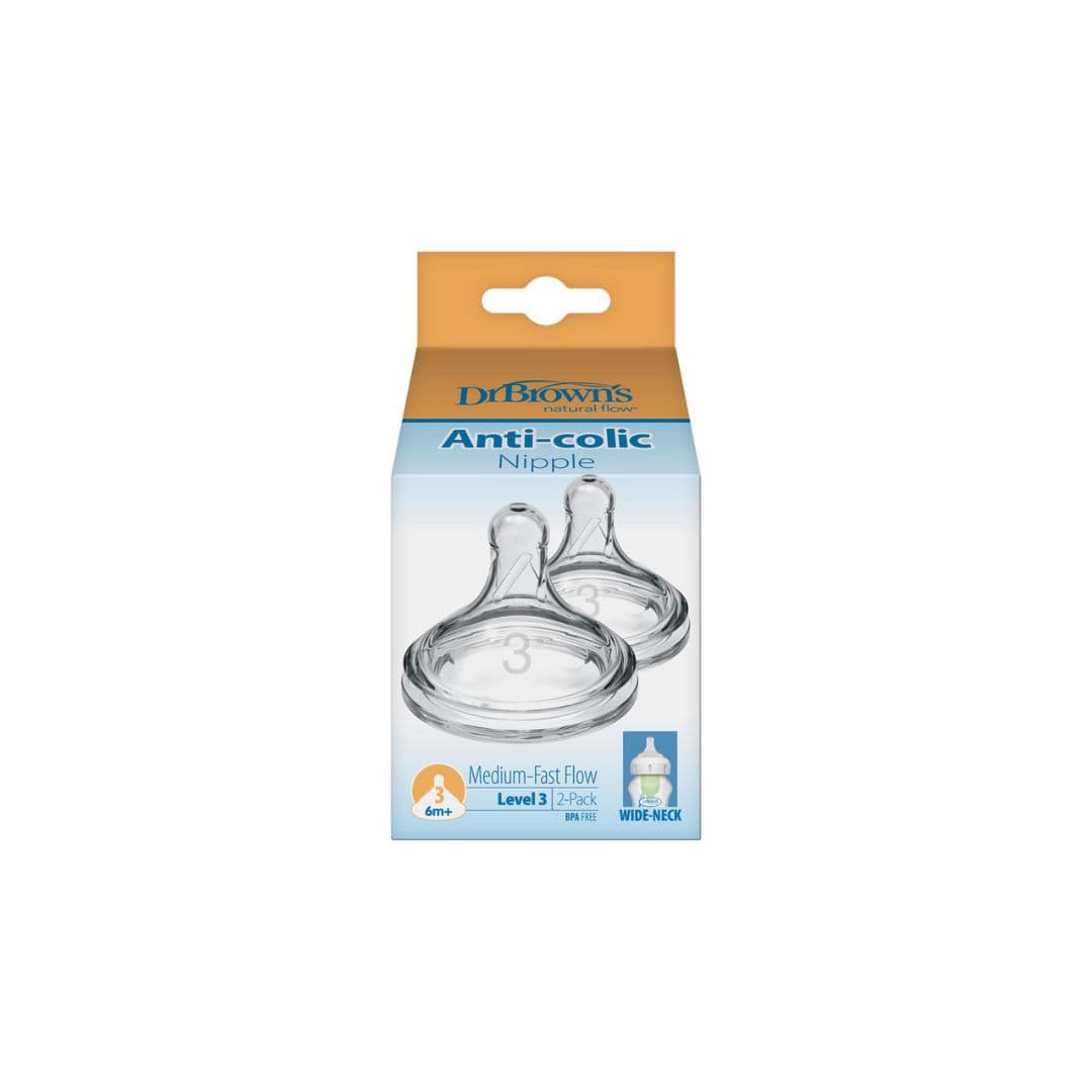 Dr. Brown’s Options + Natural Flow two replacement nipple silicone 6m+ (wide neck)