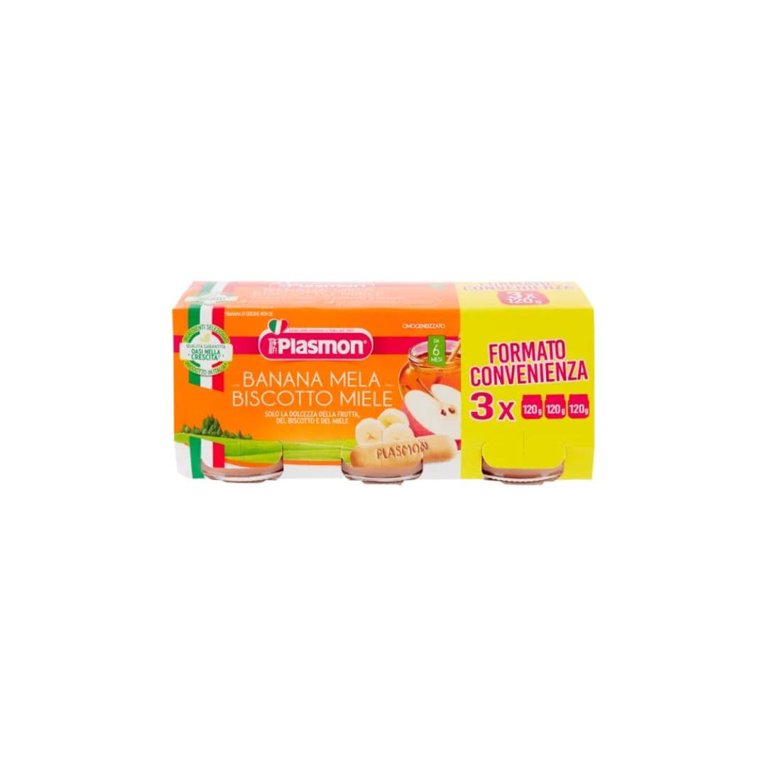 Plasmon Pure me mollë, banane, biskota dhe mjaltë
