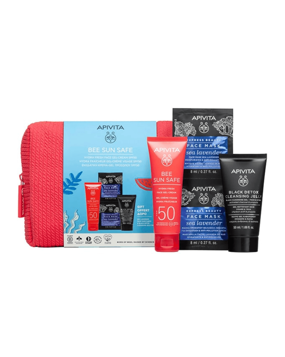 APIVITA BEE SUN SAFE SET (HYDRA FRESH GEL-CREAM SPF 50+  FREE GIFT BLACK CLEANSING GEL+ FACE MASK SEA LAVENDER 2 X 8 ML)