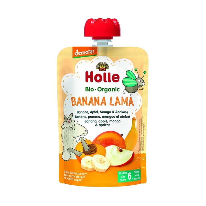 Holle - Banana Lama Pure frutash banane, mollë, mango dhe kajsi (6m+)