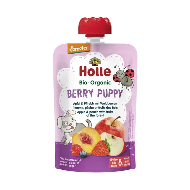 Holle - Berry Puppy Pure frutash mollë, pjeshkë dhe fruta pylli (8m+)