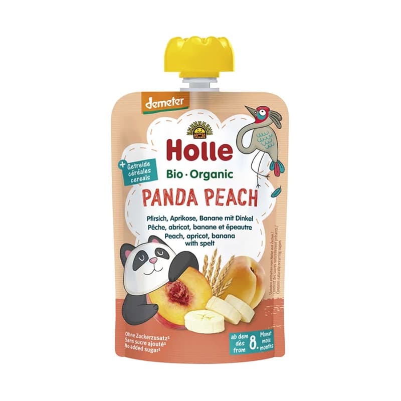 Holle - Panda Peach Pure frutash pjeshkë, kajsi, banane dhe tërshërë (8m+)