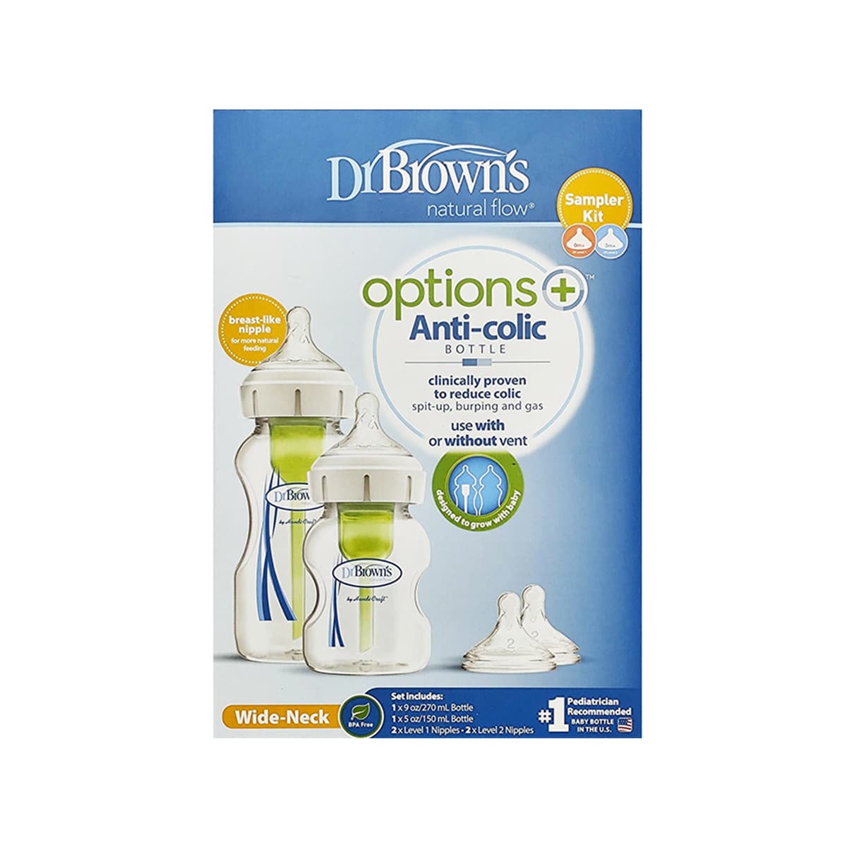 Dr. Brown’s - Set me 2 shishe me qafë të gjerë dhe 2 koka (0m+, 3m+), imazhi 1